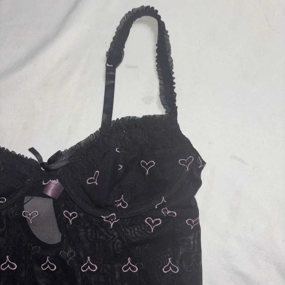 Romantic Erotic Babydoll Lingerie 36B M Black Pink Heart Sheer Lace Trim Sexy W